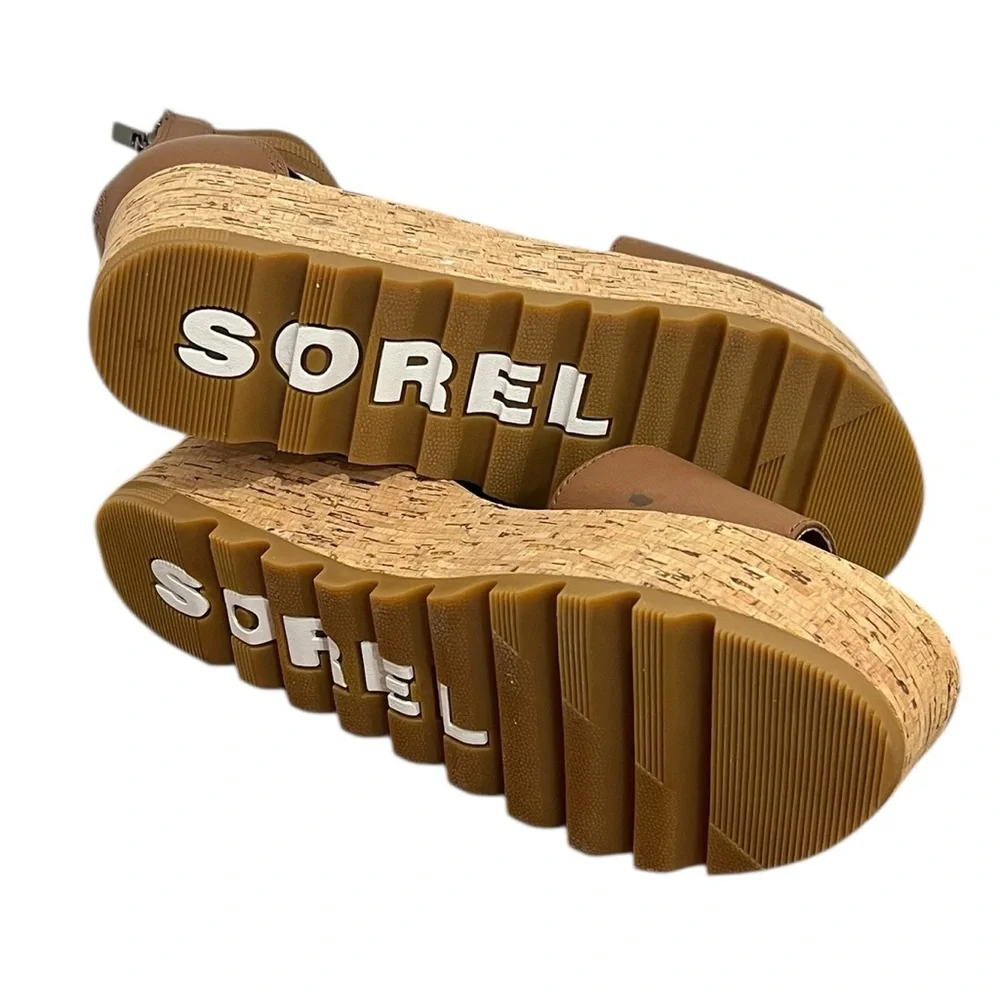 SOREL CAMERON CORK BROWN LEATHER ANKLE WRAP PLATFORM SANDALS VERY GOOD COND (9)